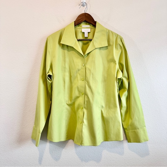 Coastal Preppy Chartreuse No Iron Button Up Chico’s Size 3 US XL Cotton Plus - Picture 2 of 9